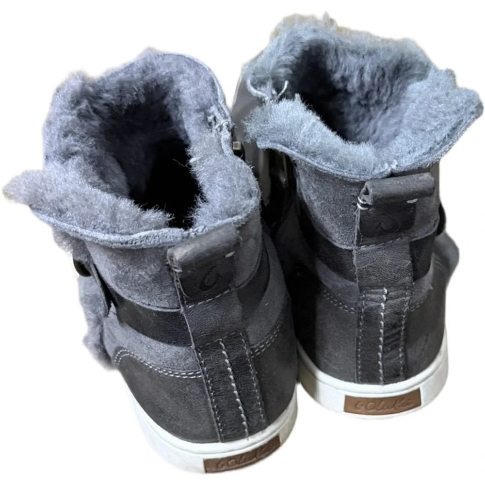 OLUKAI  WOOL SHEARLING LINED ANKLE BOOTIE BOOTS PEHUEA HULU SIZE 7 Black & Grey